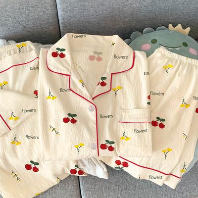 Pajamas Women'S Summer Wrinkled Cloth Short-Sleeved Three-Piece Set Cute Red Cherry Spring And Summer Thin Loungewear