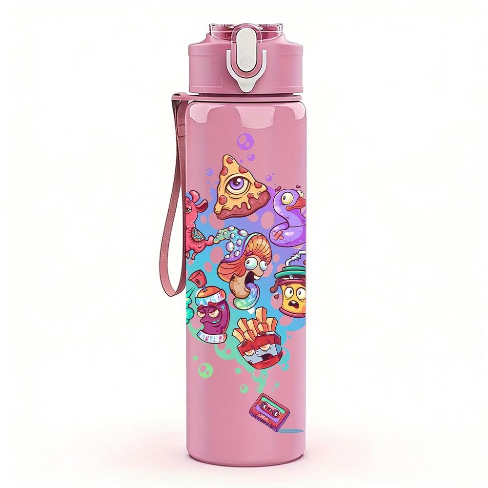1PC Colorful Doodle Collage Art Pattern 750ml Color Plastic Sports Water Bottle Leakproof Flip Straw Lid Suitable for Sports Office Home Use