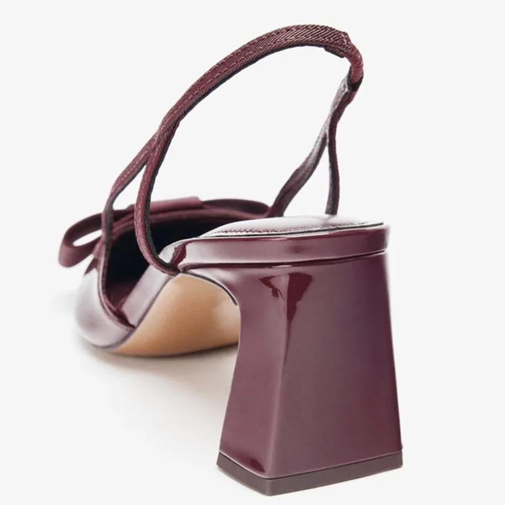 Patent Leather Heeled Sandals Women Elegant Burgundy Bow Pointed Toe Chunky Heel Pumps Luxury Designer Heels for Ladies
