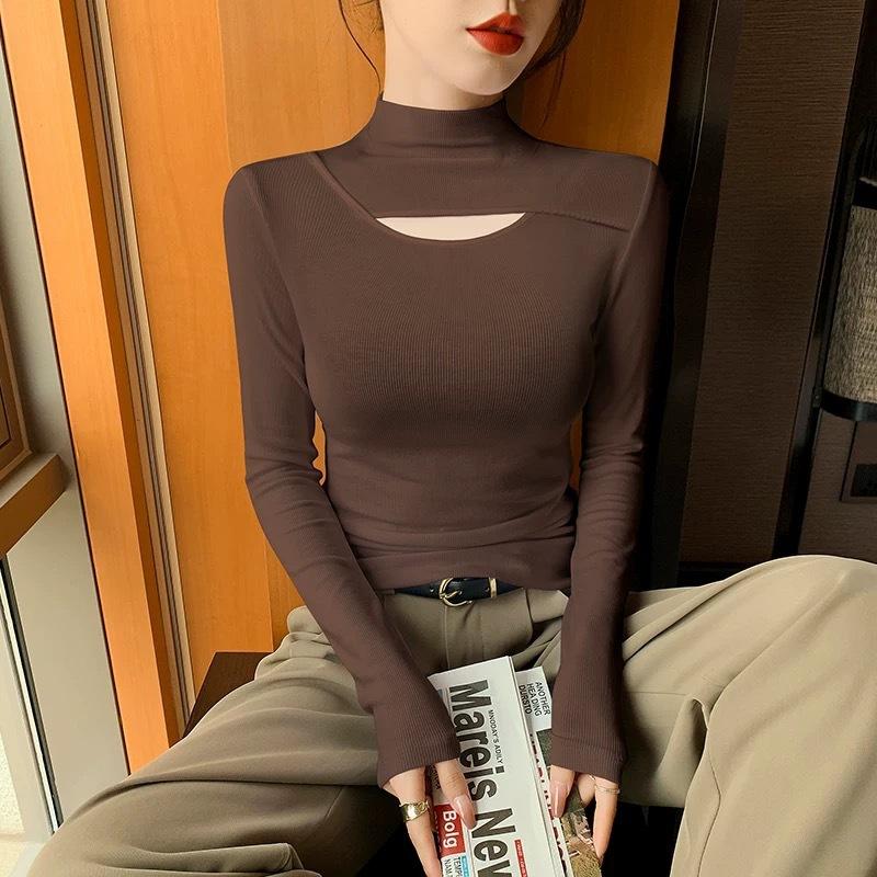 Black semi-turtleneck hollow t-shirt bottoming shirt women's autumn and winter design sense temperament slim and thin versatile long-sleeved top