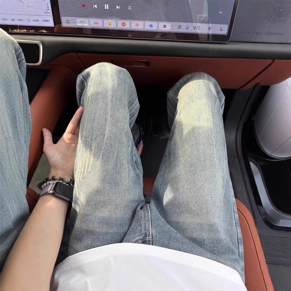 Washed and Made Old Lightning Pattern Jeans Men's American High Street Rough Edge Design Straight Tube Slightly Elastic and Thin Pants