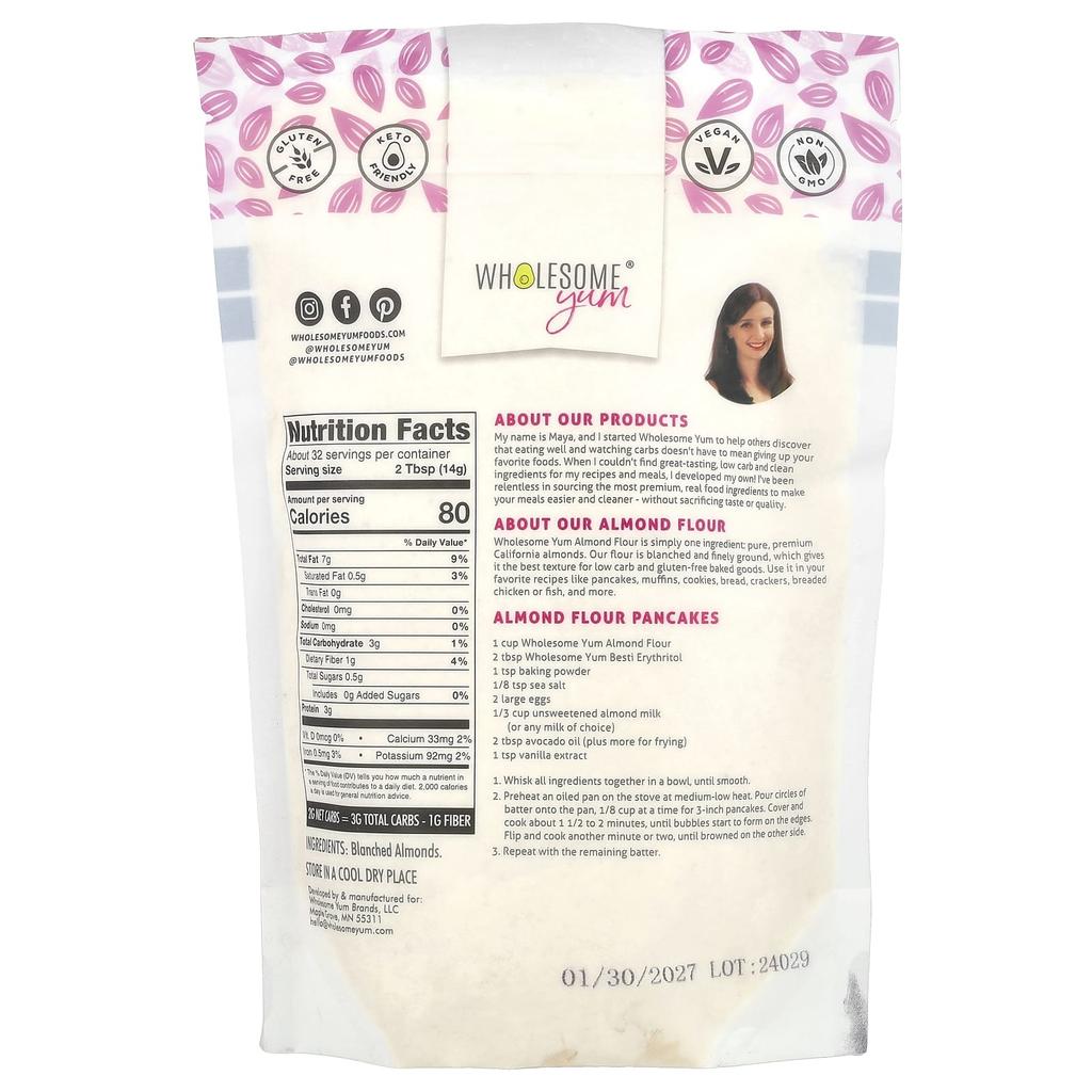 Wholesome Yum, Ultrafine and Diluted Almond Flour, 454g (1lb)