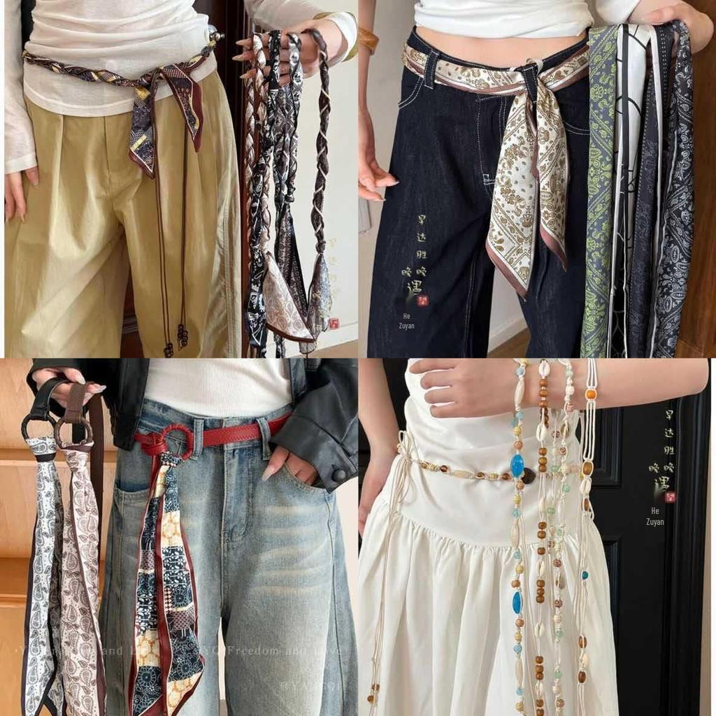 Women's Ethnic Cashew Flower Silk Scarf Belt - Retro Decorative Waist Chain Accessory