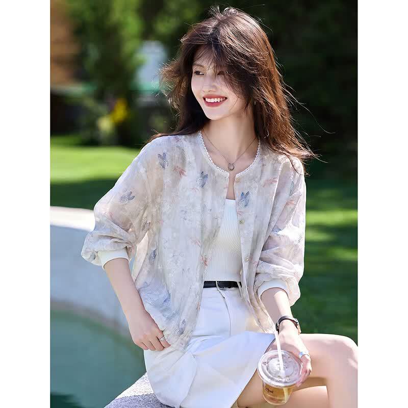 Chinese Style Printed Sun-Protective Top with Lace Trim S