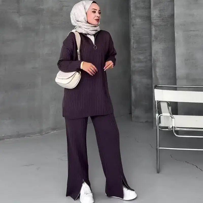 New European and American Solid Fashion Lapel Slim fit Loose Base Knit Set Women Knitted Set