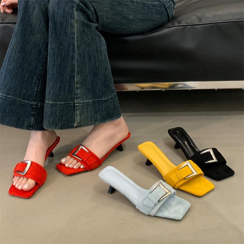 Fashion Eilyken New Summer Square Toe Women Slippers Fashion Buckle Strap Low Heels Banquet Party Slide Shoes Sandals