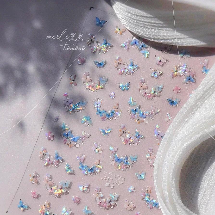 Gradient White Pink Butterfly Flower Shiny Stars Chic Spring Petal 5D Soft Adhesive Nail Art Stickers Decorations Manicure Decal