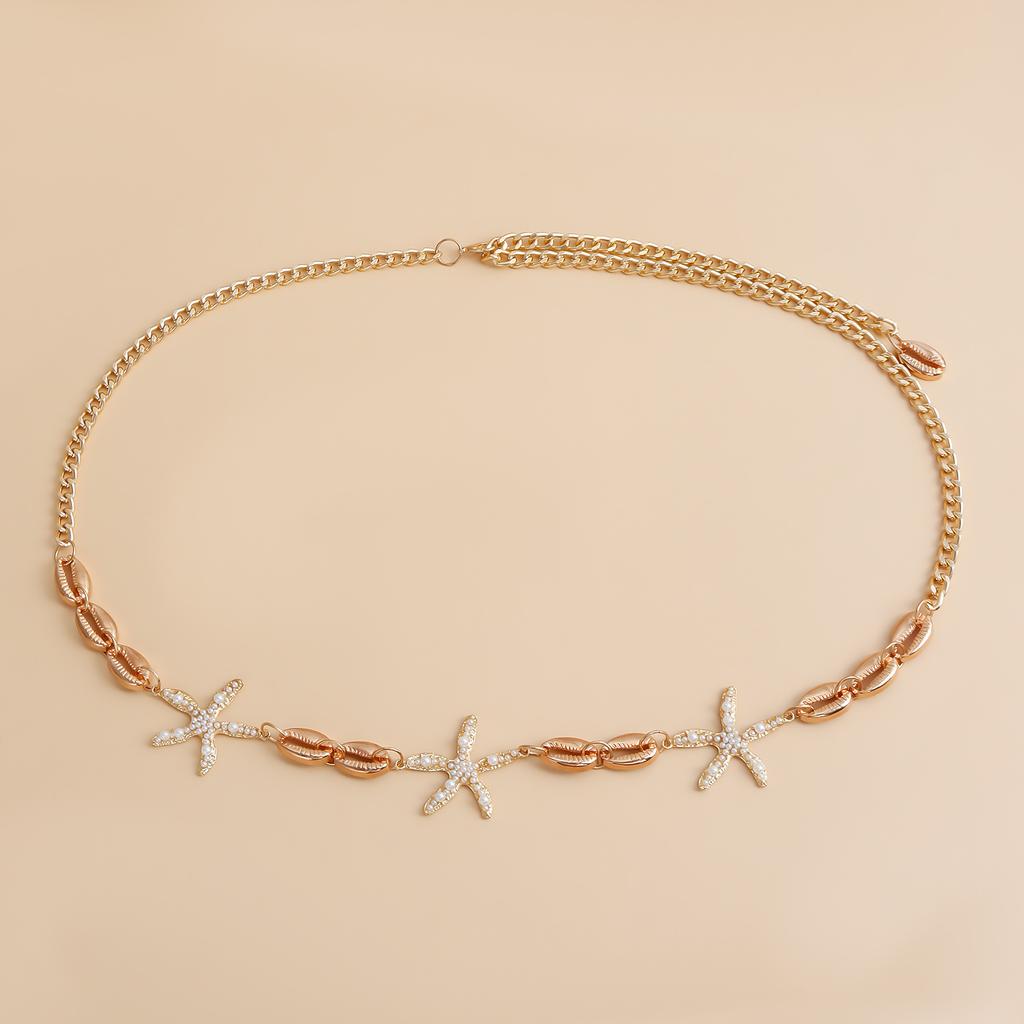 Sweet and cool Spice Girls Wind Shell Starfish Pendant Single Layer Waist Chain Sexy Street Shoot European and American Single Circle Metal Body Chain