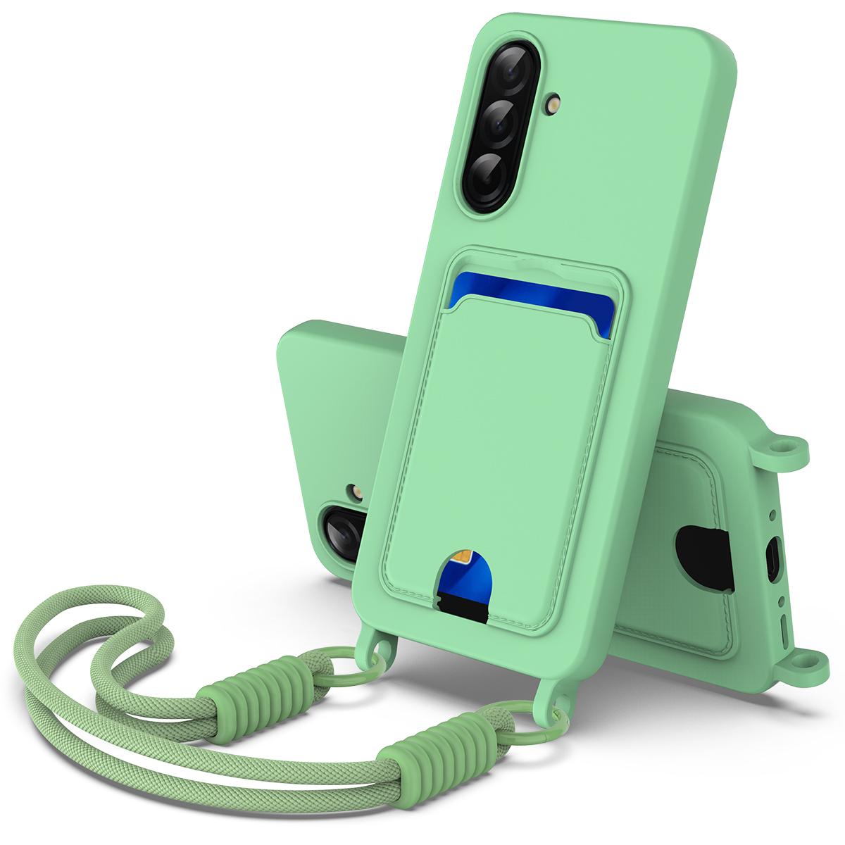 

For Samsung Galaxy A37 5G Liquid Silicone Case Phone Back Cover with Card Holder and Short Strap