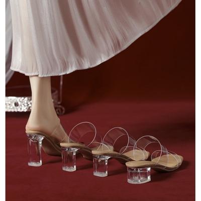 Zapatillas estilo hada palabra transparente con tacón grueso sandalias de tacón alto para mujer ropa de verano