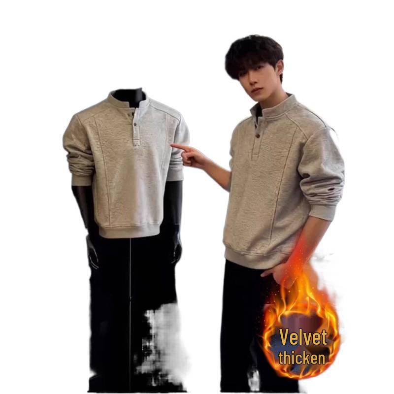 Men's Autumn/Winter Fleece-Lined Henley Long-Sleeved T-Shirt: Thick, Warm, Loose-Fit Base Layer