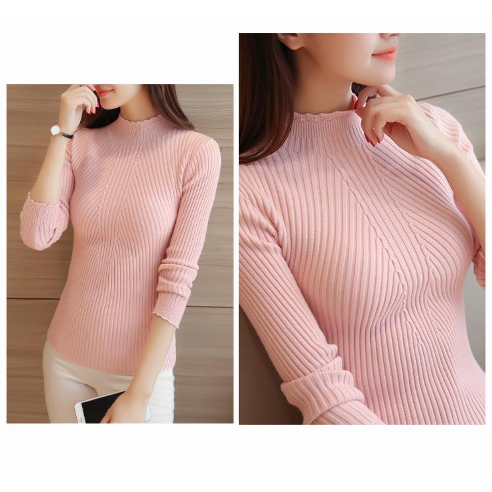 Podzimní Ženy Vysmívající se Volány za krkem Svetr Dlouhý rukáv Pletené Spodní část Pevné pulovry Proužek Pro ženy Svetr Zima