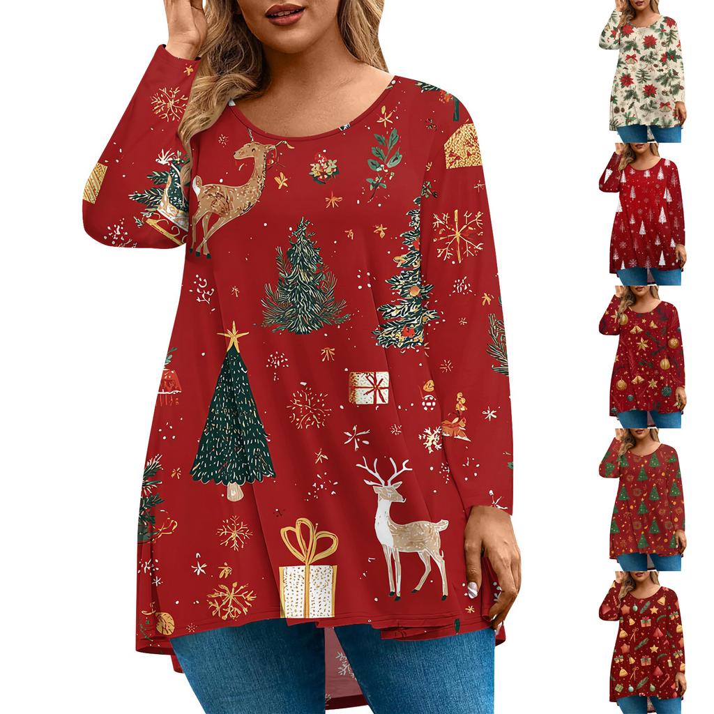 Dame Mote Stor Størrelse Rund Hals Langermet Casual Juleprint Løs Pullovertopp