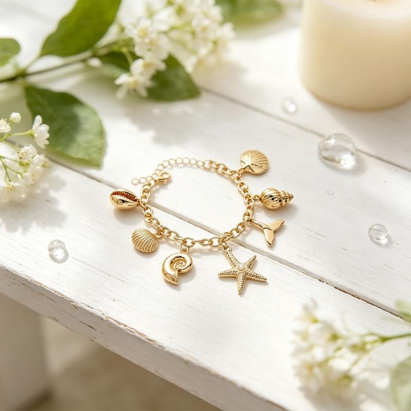 Shell Starfish Bracelet for Women Gold Tone Link Chain with Ocean Tail Detail, Adjustable Wrist Jewelry for Beach Vacation Outfits