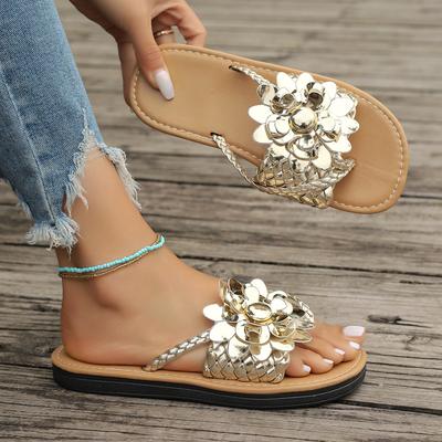 Kadın Terlik Yeni Moda Parmak Arası Terlikler Tatil Terlikleri Örgülü Çiçek Desenli Ayakkabılar Açık Burunlu Düz Sandaletler Kadın Kaydırıcılar