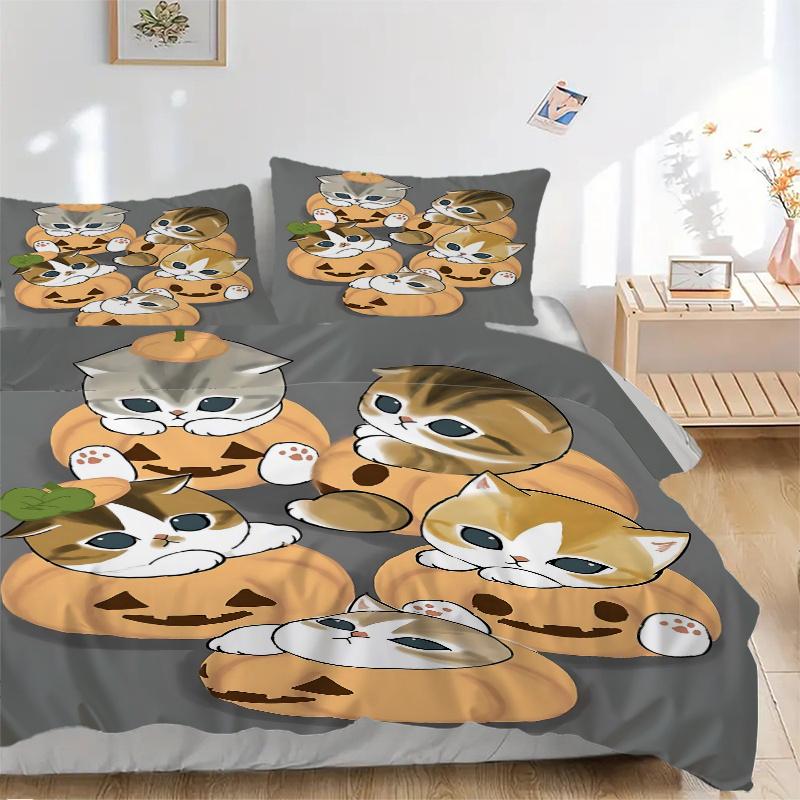 3pcs Halloween Pumpkin Kitties Quilt Cover Set (1 Quilt Cover + 2 Pillowcases