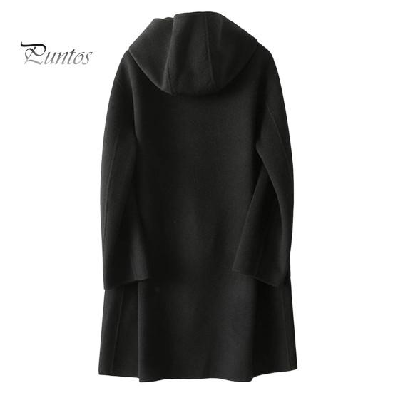 Damen Wintermantel beidseitig Wollstoff einfarbig Trenchcoat mit Kapuze Übermantel Locker Große Taschen Oberbekleidung Streetwear