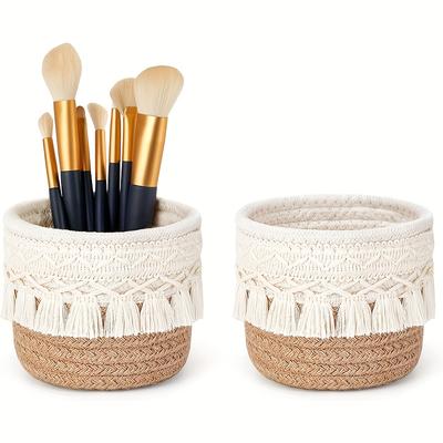 1pc Handcrafted Woven Storage Basket with Tassel Detail - Lightweight Desktop Organizer for Cosmetics, Pens & More - Natural & White Fiber