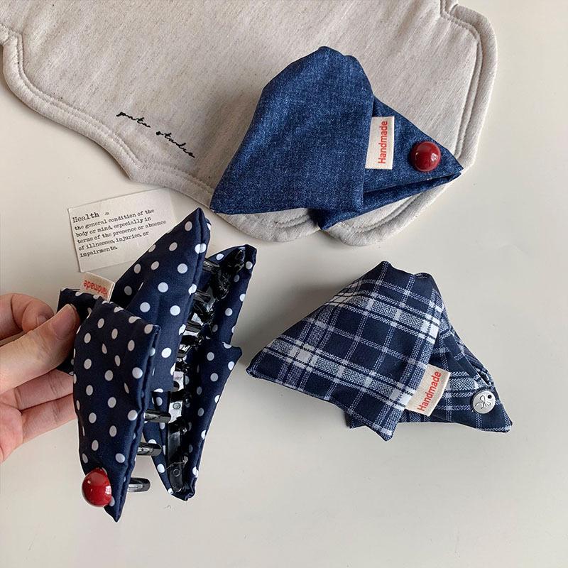 Versatile Navy Blue Polka Dot Denim Triangle Claw Clip - High-End Women's Hair Accessory