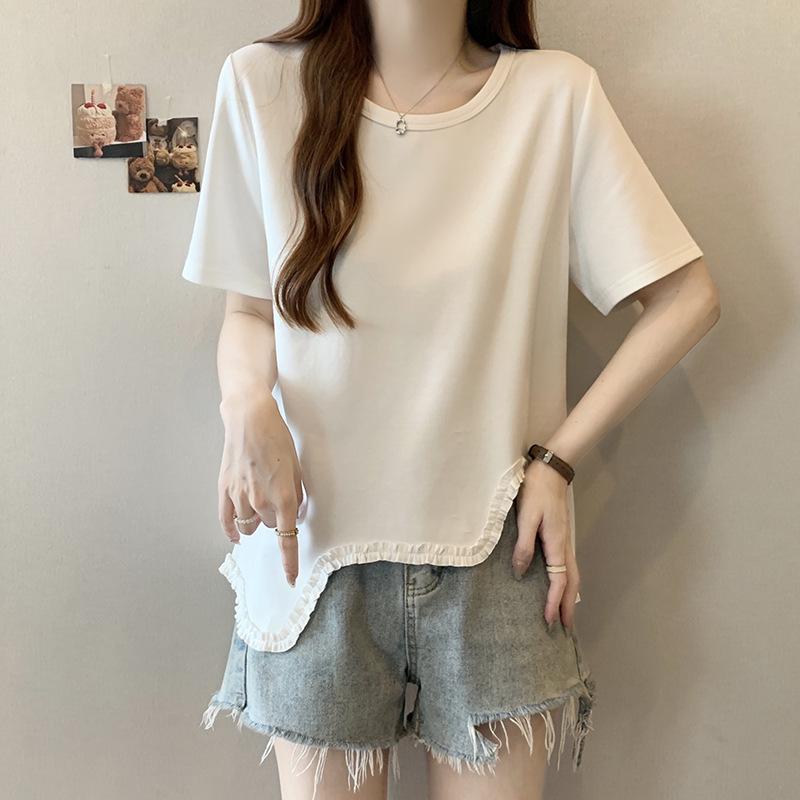 2026 Summer Plus Size Women's Irregular Ruffled Lace Short Sleeve T-shirt