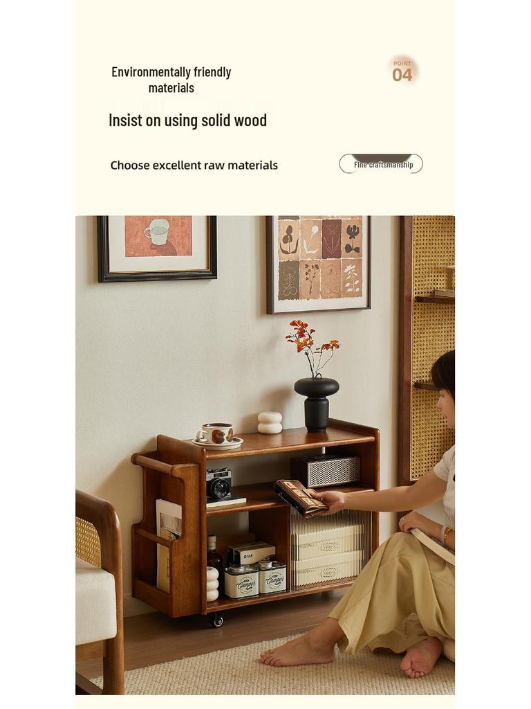 Solid Wood Retro Trolley: Movable Side Table & Snack Cart