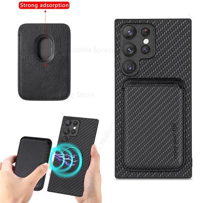 Carbon Fiber Leather Split Card Holder Phone Case For Samsung S25 Edge S24 Ultra For Magsafe Magnetic Cover For Galaxy S25 Plus S24 S23 Ultra Shell