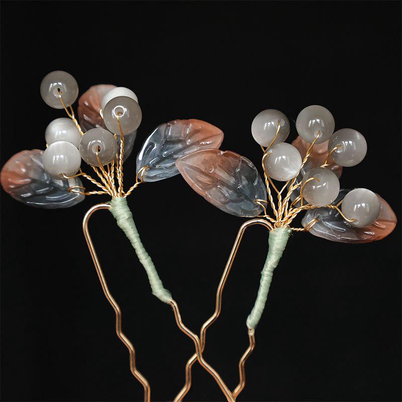 Ancient Hairpin with Red Wild Berries Glass Embellishment - Versatile U-Shaped Hanfu Headwear