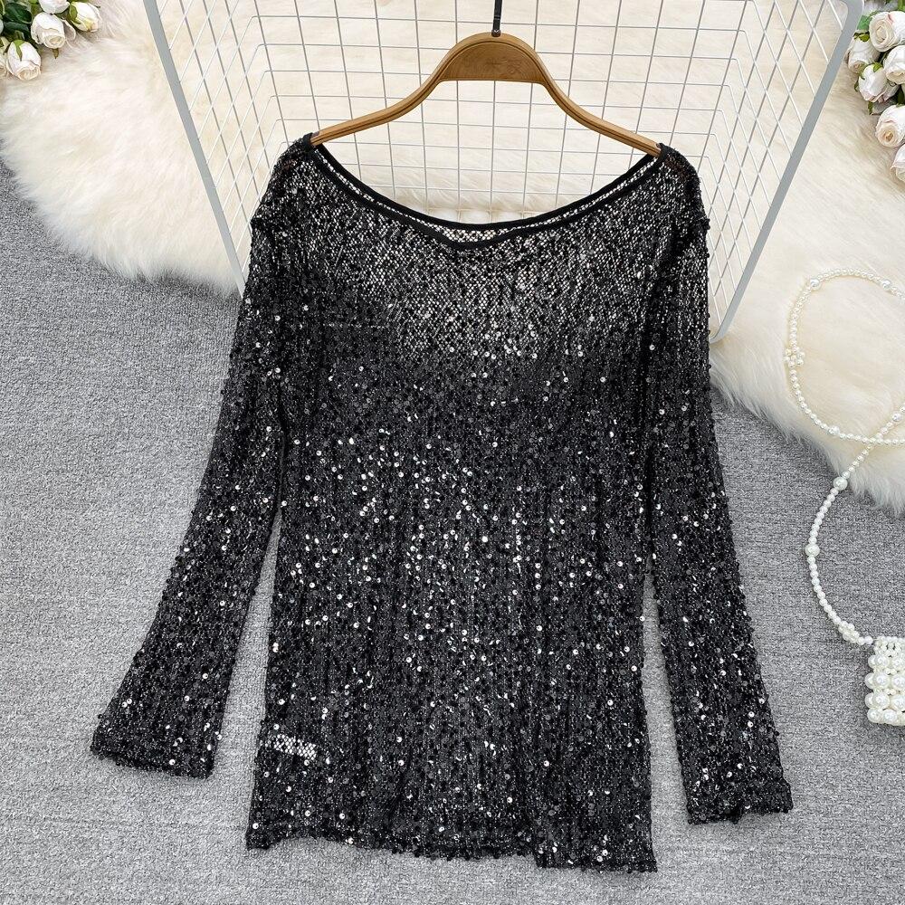 T-Shirt Femme Manches Longues Chic - Haut Mode Élégant Pour Soirée, Intérieur - Pull Léger Chaud