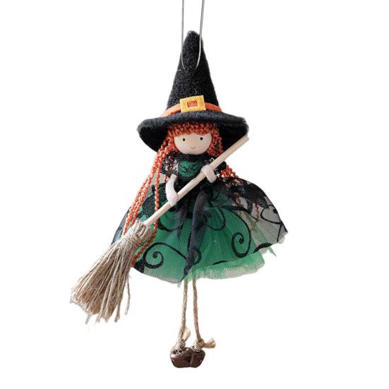 Halloween Witch Doll Decor with Broom Small Witch Figurine with Gauze Skirt Kitchen Hanging Witch Ornament for Room Door Window Halloween Decor