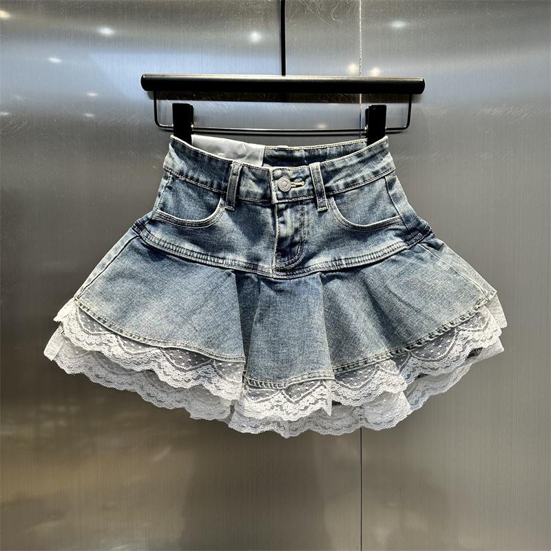 Lace lace splicing high waist and thin denim skirt autumn and winter new fashionable versatile fluffy cake skirt S синий
