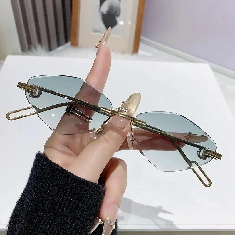 Fashionable Ladies Unisex Frameless Sunglasses Edge Cut Design Slimming Effect Sun Protection High-End Sensation Trendy Eyewear