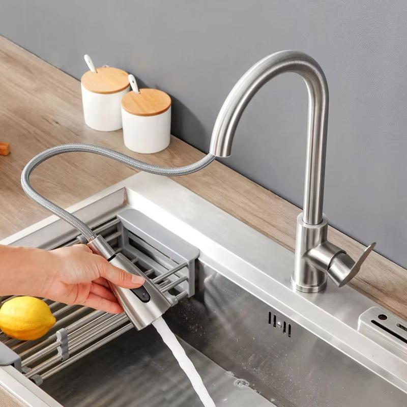 Stainless Steel Pull-Out Kitchen Faucet, Hot and Cold Water Dual-Use, Splash-Proof, Fast Heating, Household Washbasin Faucet