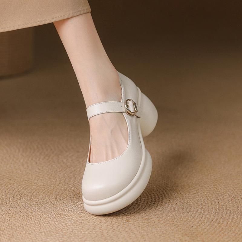 

New casual high heels solid color foot cover women s single shoes round head large size shoes four seasons wear women s shoes platform leather shoes 39