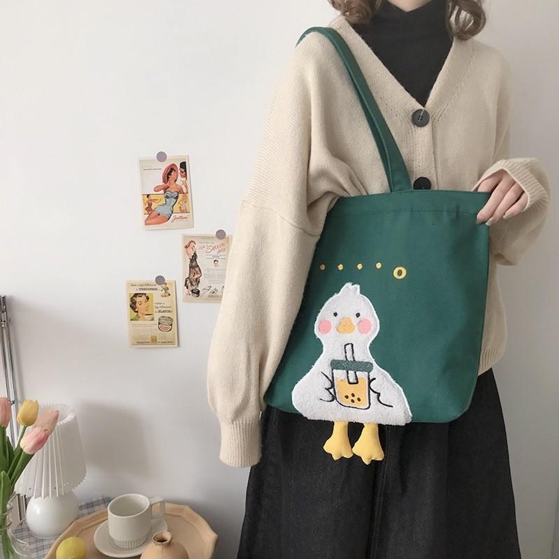 Adorable Duck Pattern Canvas Carryall With Inner Zipper Pocket For Commuting