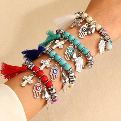 Retro Kreuz & Wassertropfen Perlenarmband mit Teufelsauge für Damen