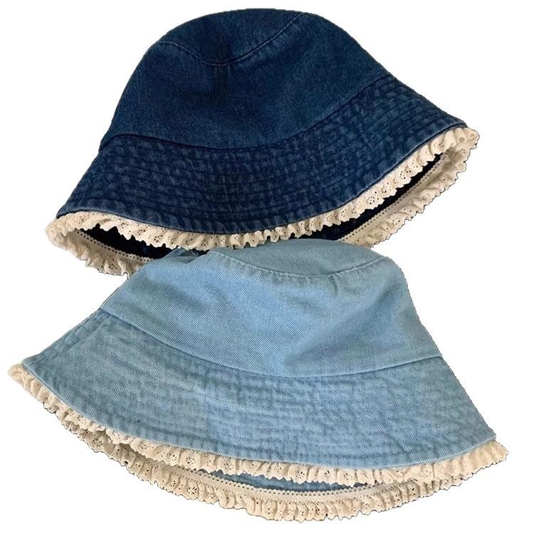 Cute Bucket Hat Lace Edge Denim Basin Hat Summer Travel Sunshade Sunscreen Show Face Small Simple Wind Bucket Hat