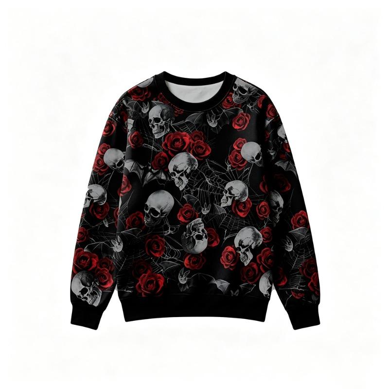 Gothic Style Skeleton Rose Print Sweatshirt Men's Retro Casual Crew Neck Pullover Clothes Harajuku Hip‑hop Street Fashion Tops