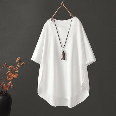 Camisetas Oversized de Gola Redonda para Mulheres Primavera Verão Camisetas de Algodão Cor Sólida Pulôver Tops de Caimento Solto