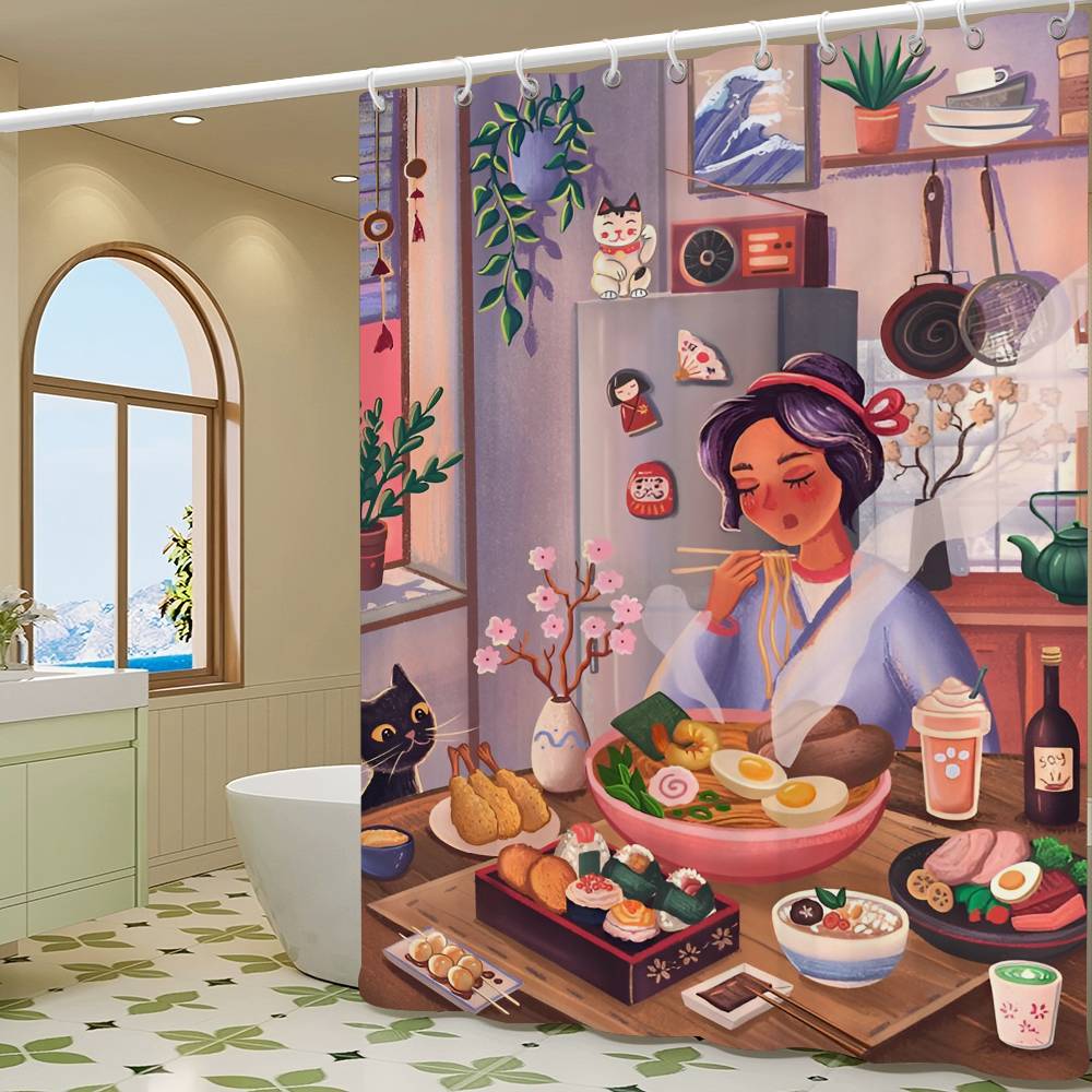 Söta Duschdraperier för Kökstjejer 180cm Polyester Modern Stil Badrumsgardin Med Krokar Vattentätt Roligt Duschdraperi