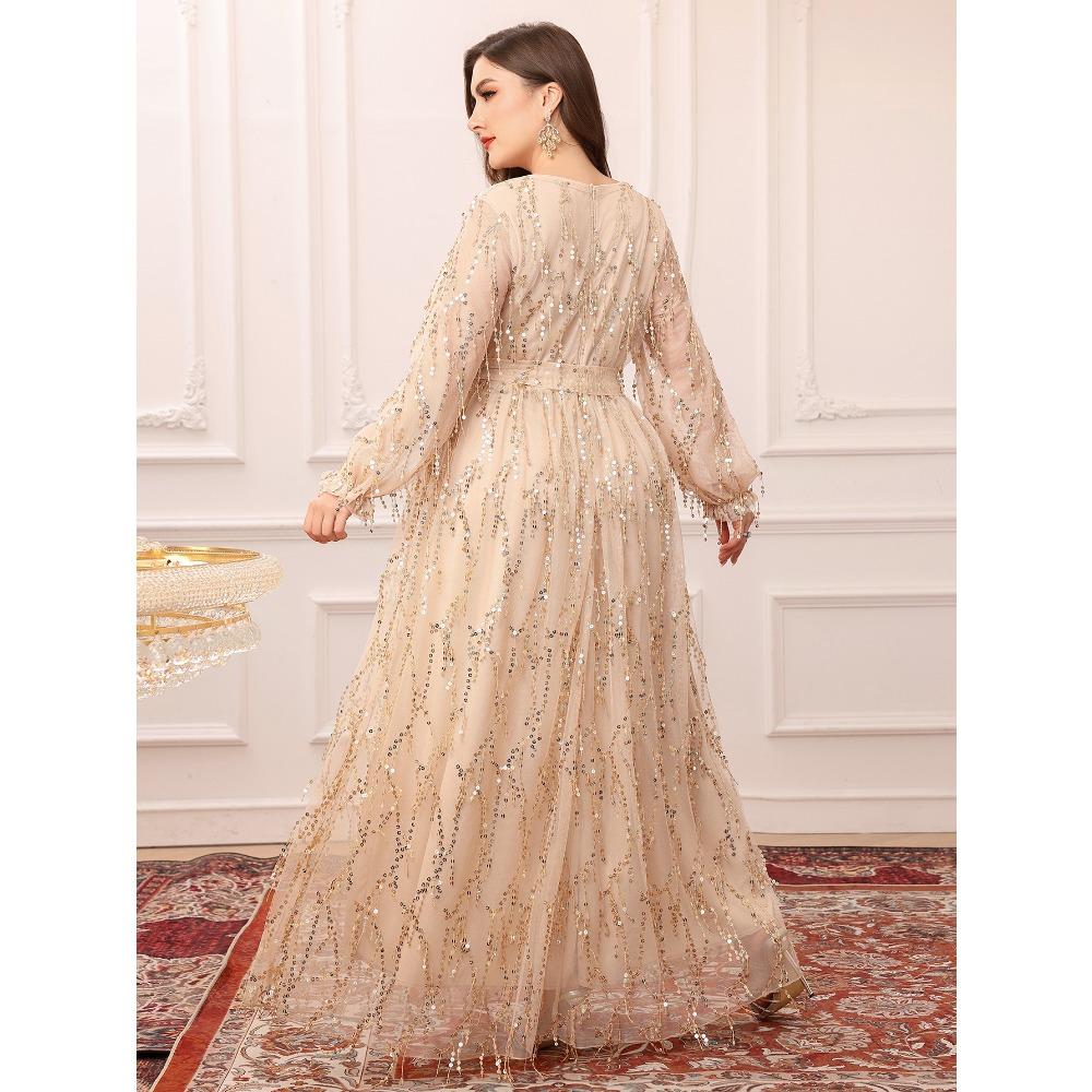 Plus Size Womens Elegant Sequined Bridesmaid Dress V-Neck Long Sleeve Slit Fitted Temperament Wedding Party Dress