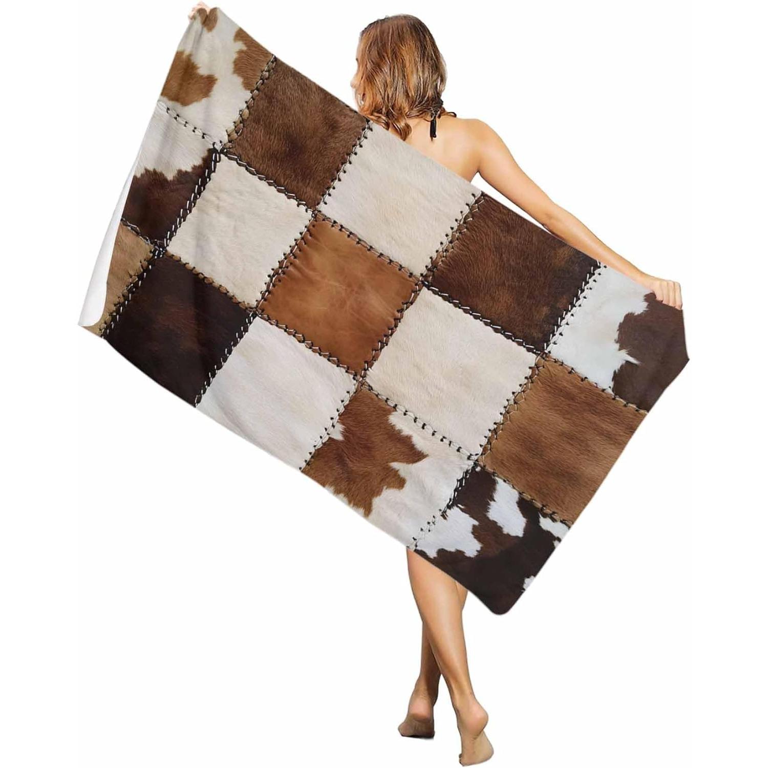 

Beach Towel Brown Cow Print Bath Pool Towels Animal Fur Texture Absorbent Beach Towel Soft Large Quick Dry Lightweight Camping W30*H60(CM)