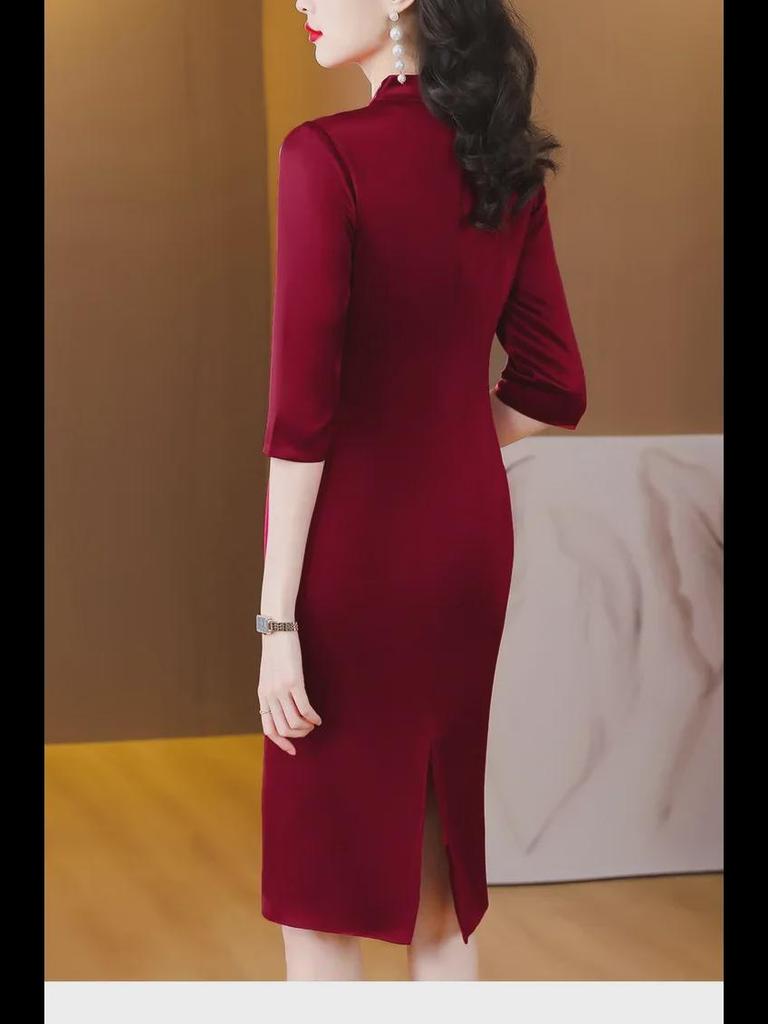 Elegant Retro Slim Wedding Dress for Mother-in-Law, 2023 Autumn Fashion, Acetate Satin