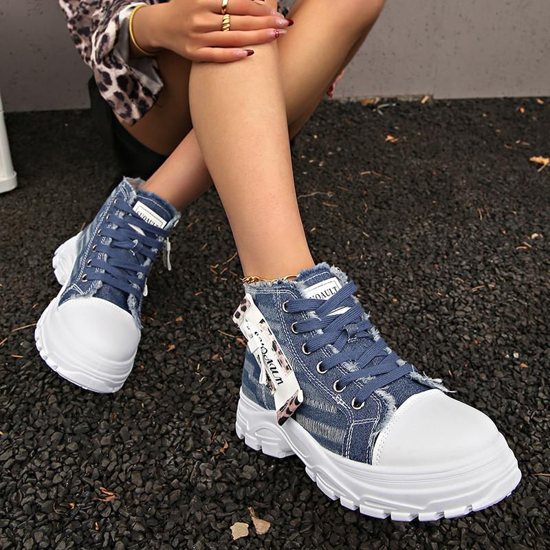 Fashion High Top Lace Up Denim Canvas Shoes for Women 2025 Thick Sole Zipper Decor Sneakers Woman Breathable Soft Sole Sneakers Mujer