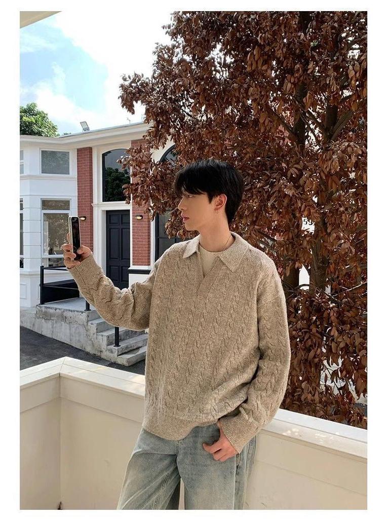 Men's Korean Style Two-Piece Lapel Pullover Knit Sweater - Winter Loose Fit, Casual Outerwear