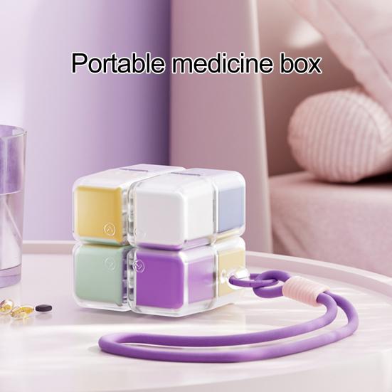 Cube Pill Box with Lanyard Portable 8-Cell Medicine Box Sealed Pill Dispenser Cube 7 Days A Week for Travel Work Daily Outings
