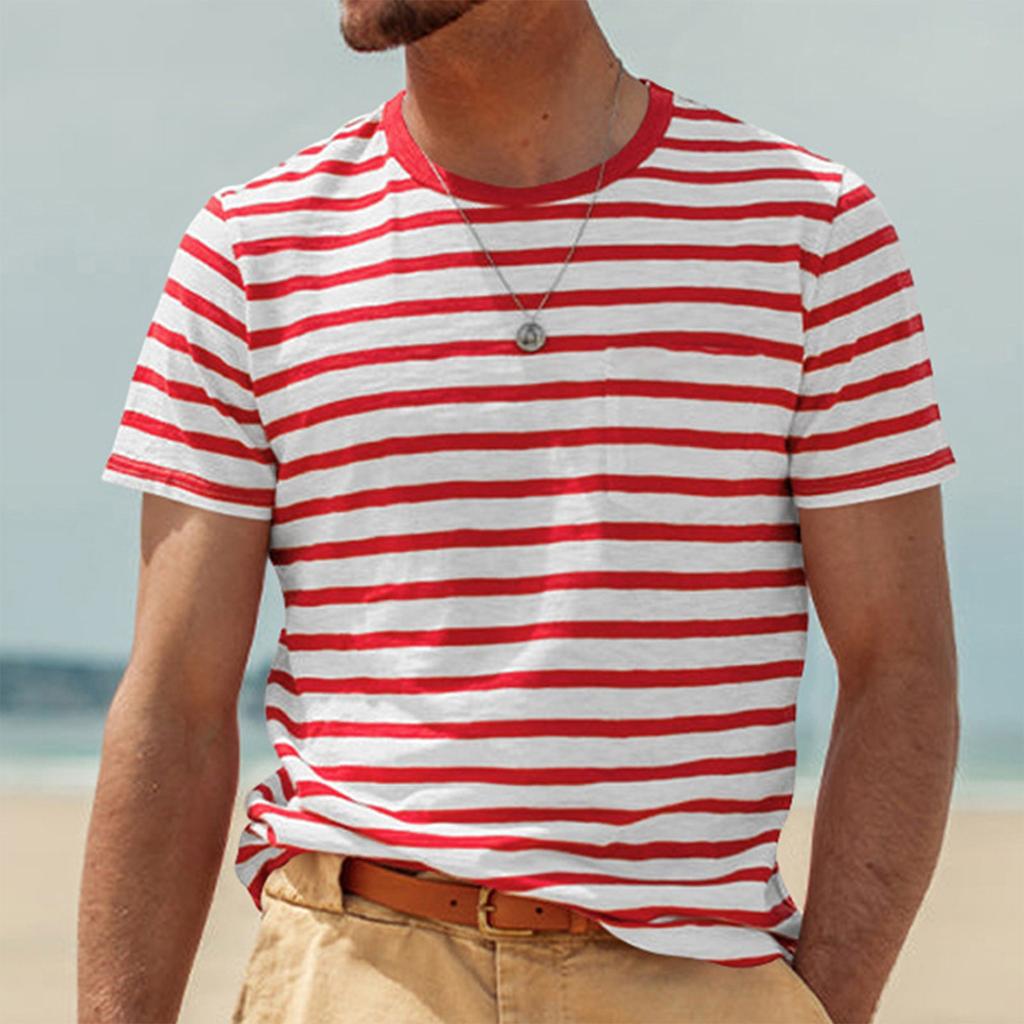 Men's Fashion Casual Striped Short Sleeve Tops Men's Round Neck T-Shirt