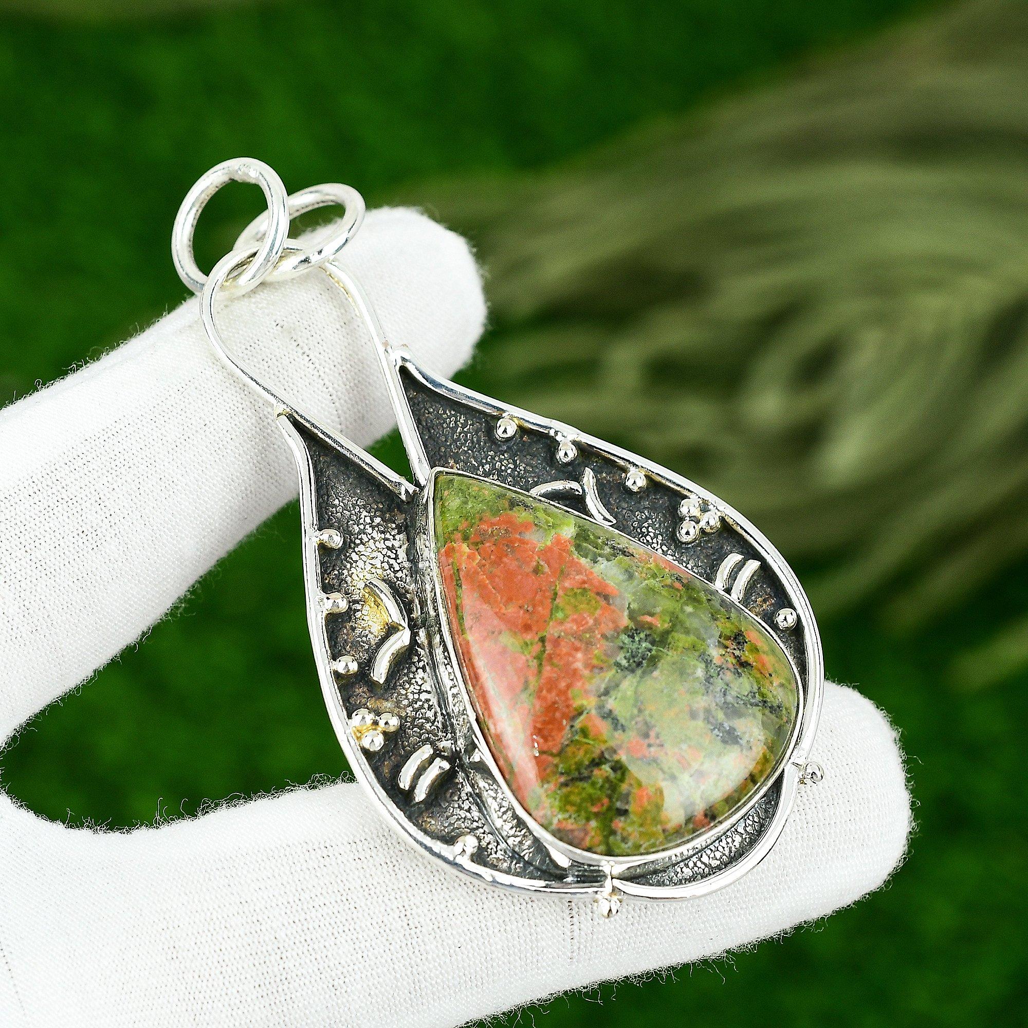 

Sterling Silver Heart Chakra Unakite Gemstone Bezel Engagement Wife New Pendant
