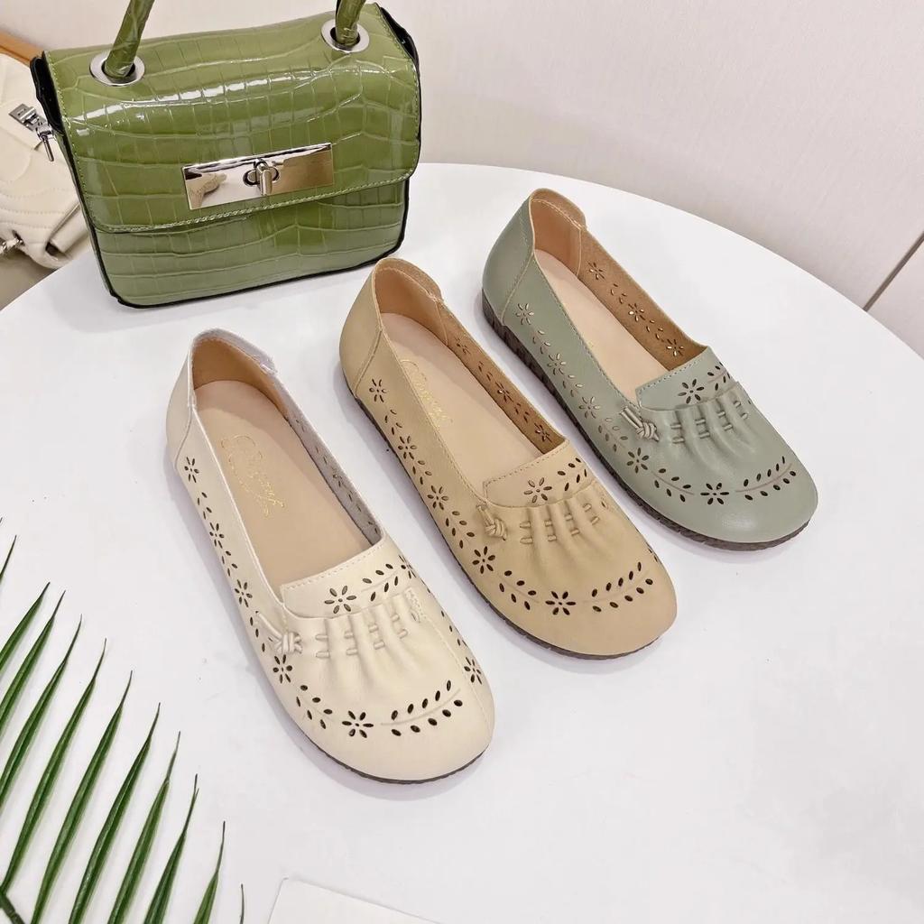 Fashion Leather Casual Women's Flat Shoes Round Toe Low Heel Elegant Beige Vacation Chic Luxury Brand 2025 Trend Social Ladies Footwear