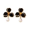Korean Minimalist Black Drip Oil Flower Earrings - Women's High-End Fashion