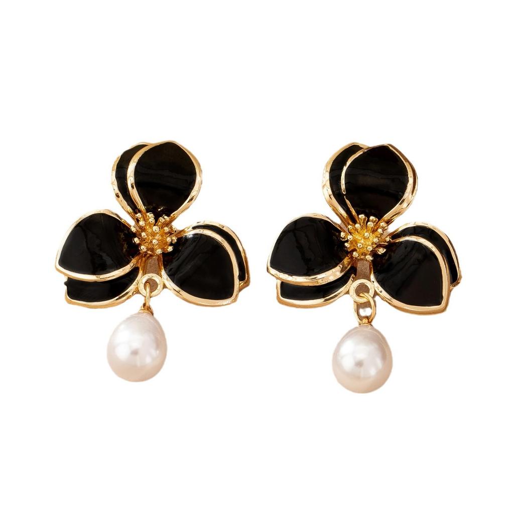 Korean Minimalist Black Drip Oil Flower Earrings - Women's High-End Fashion